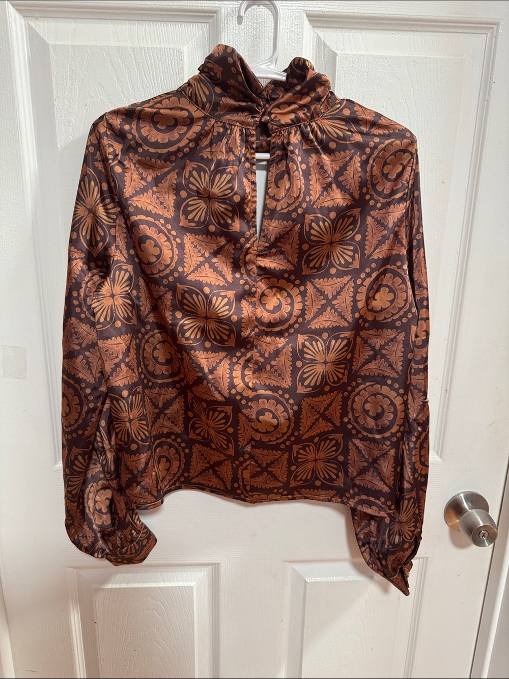 Doe & Rae Brown Printed Ruffled High-Neck Blouse - Picture 2 of 5